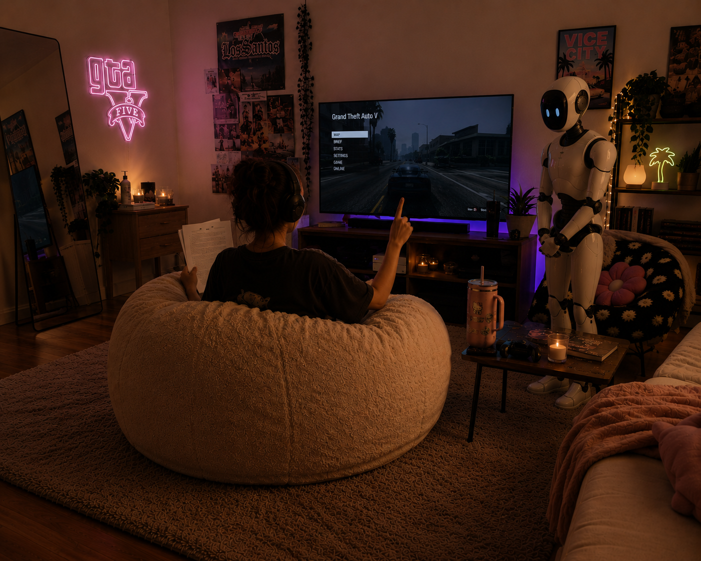 The same gaming den. The player is pointing at the TV, which displays a Grand Theft Auto menu. The robot stands further back, hands by its sides.